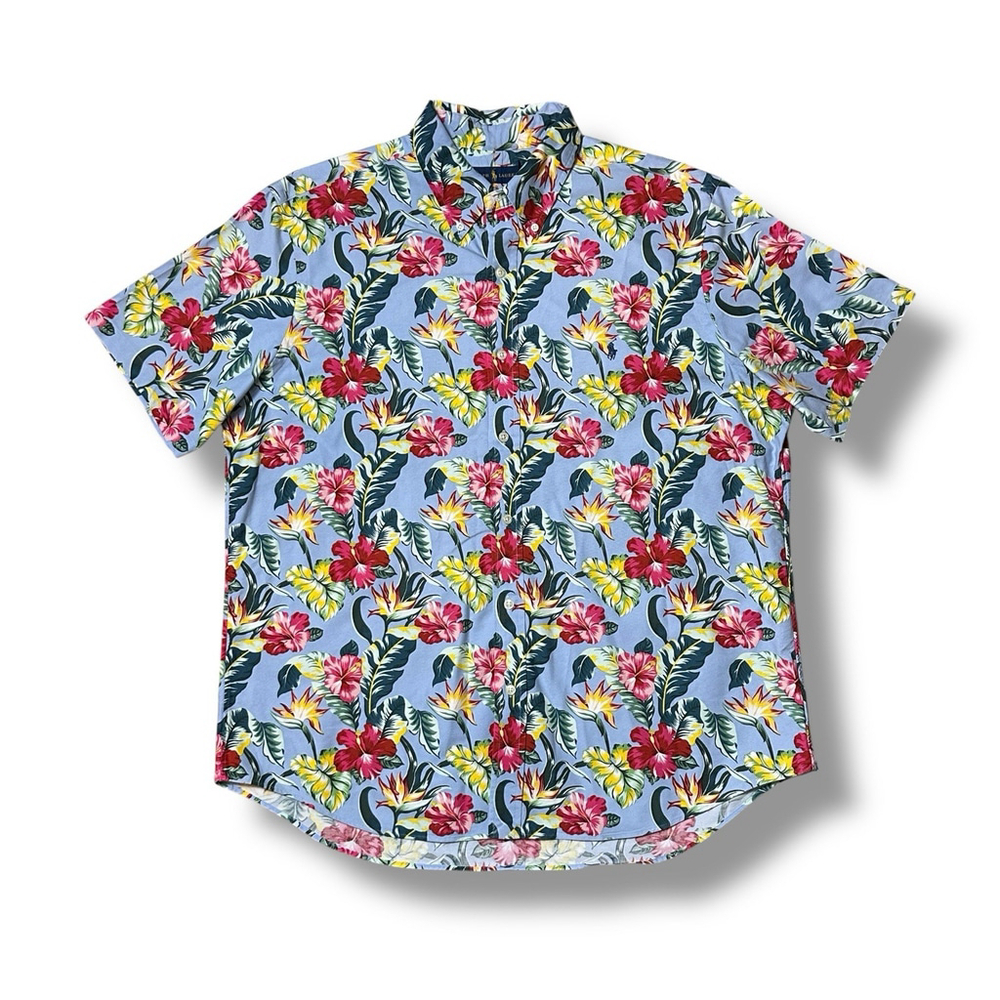 Polo Ralph Lauren Mens XL Blue Hibiscus Ahola Hawaiian Tropical Pocket Shirt
